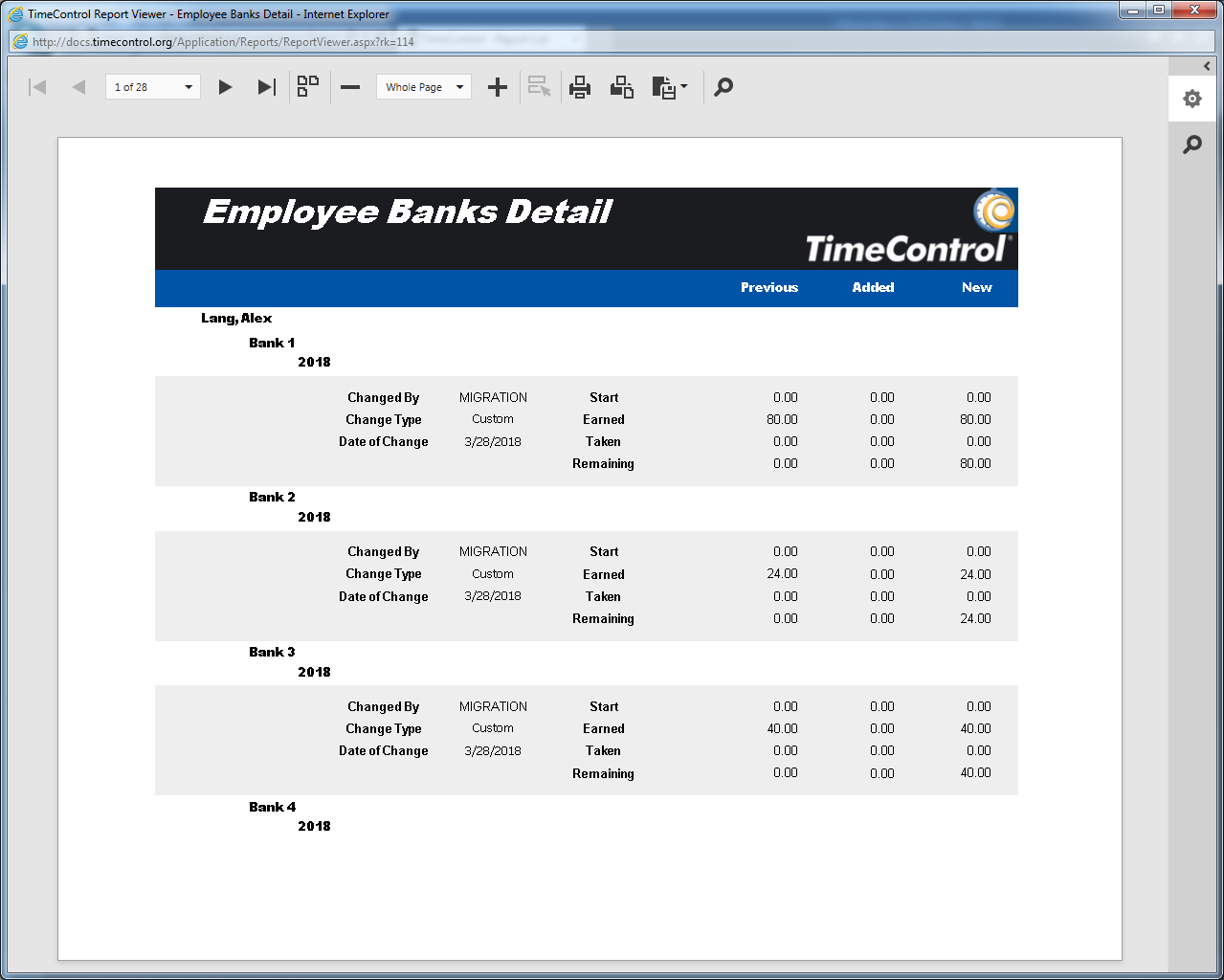 TimeControl Bank Report