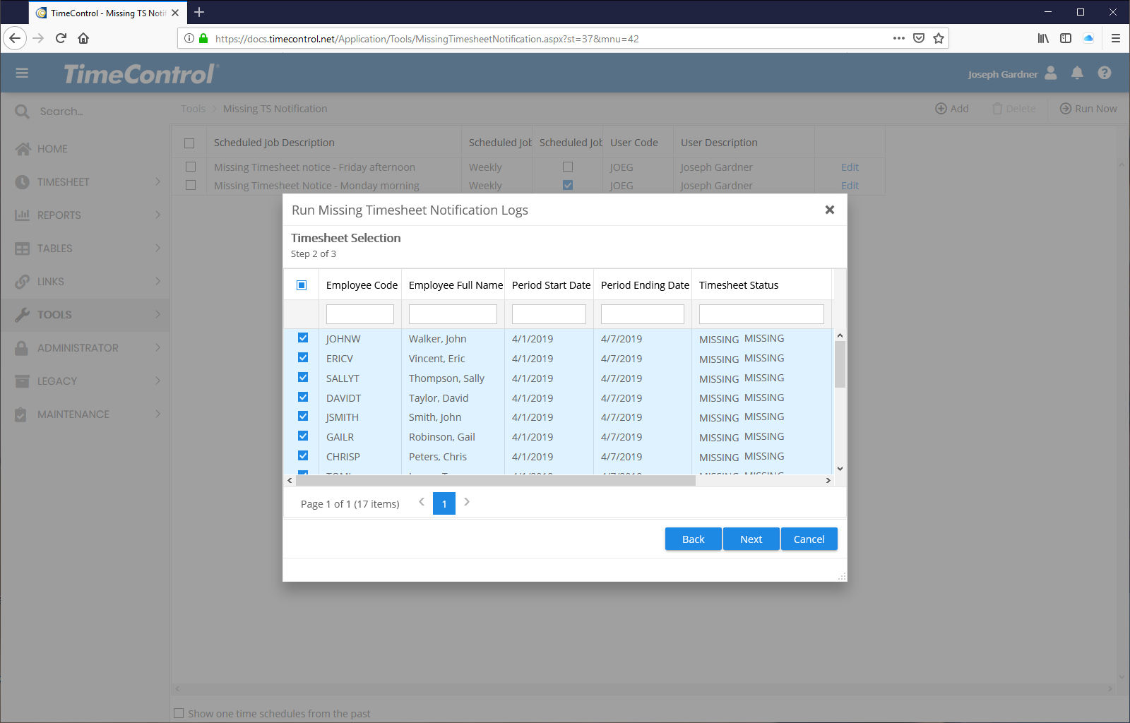 TimeControl Missing Timesheet Notifications