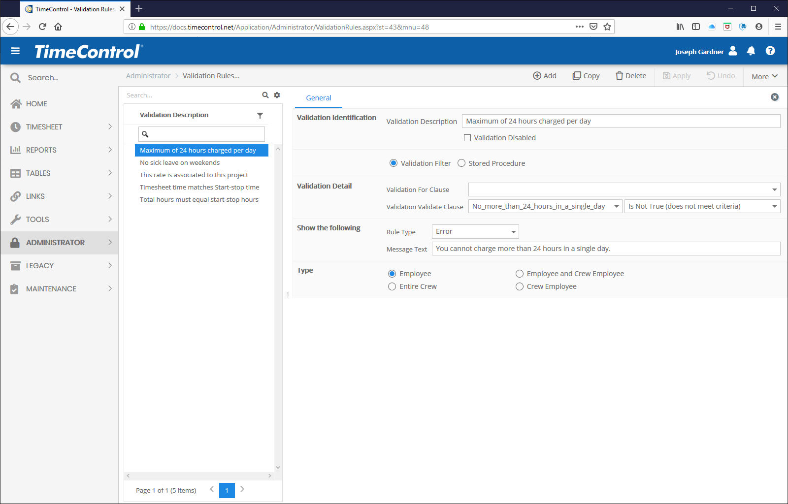 TimeControl Validation Rule Definition